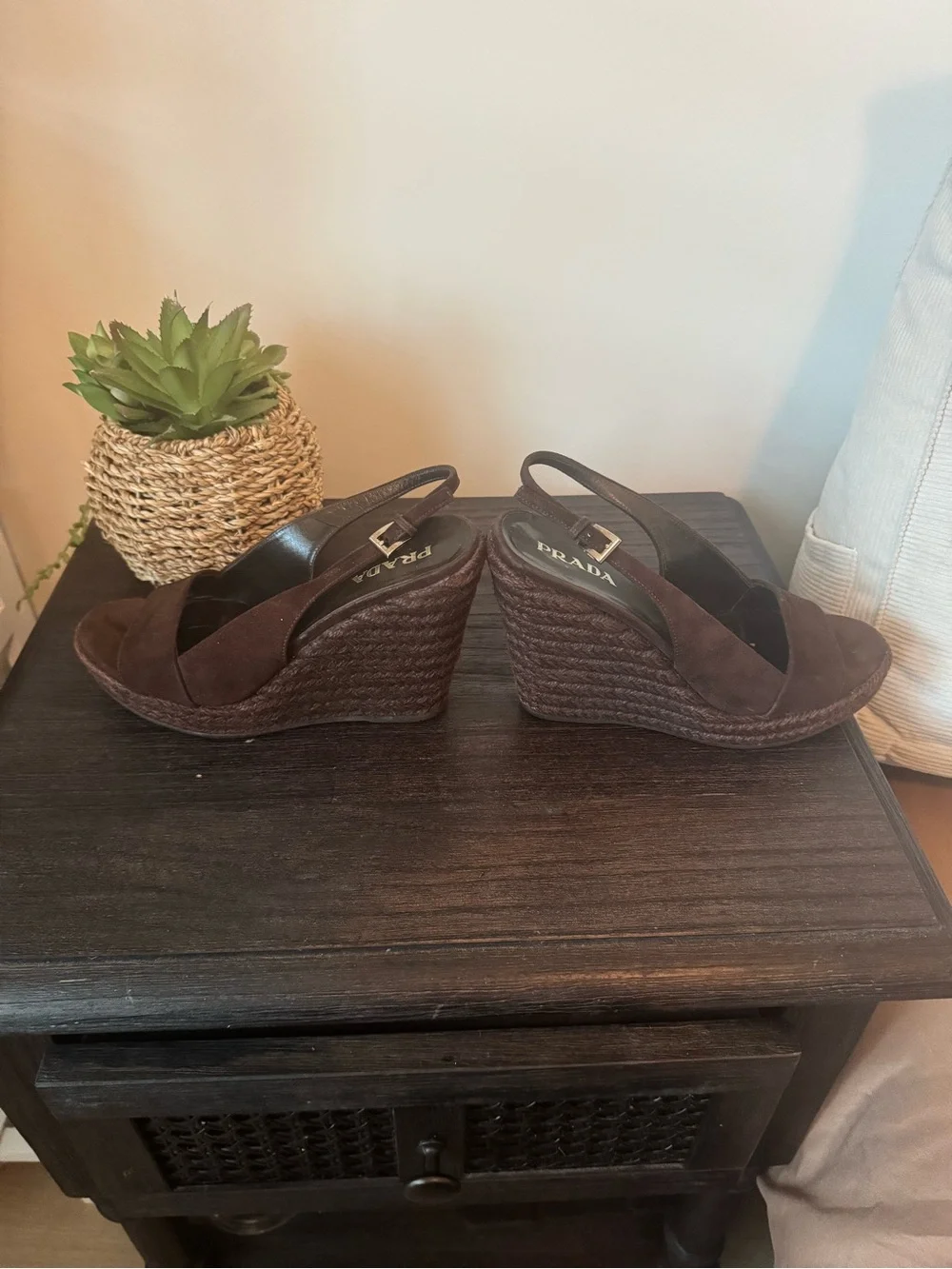 Prada Vintage Brown Suede Espadrille Wedge Sandals EU 37